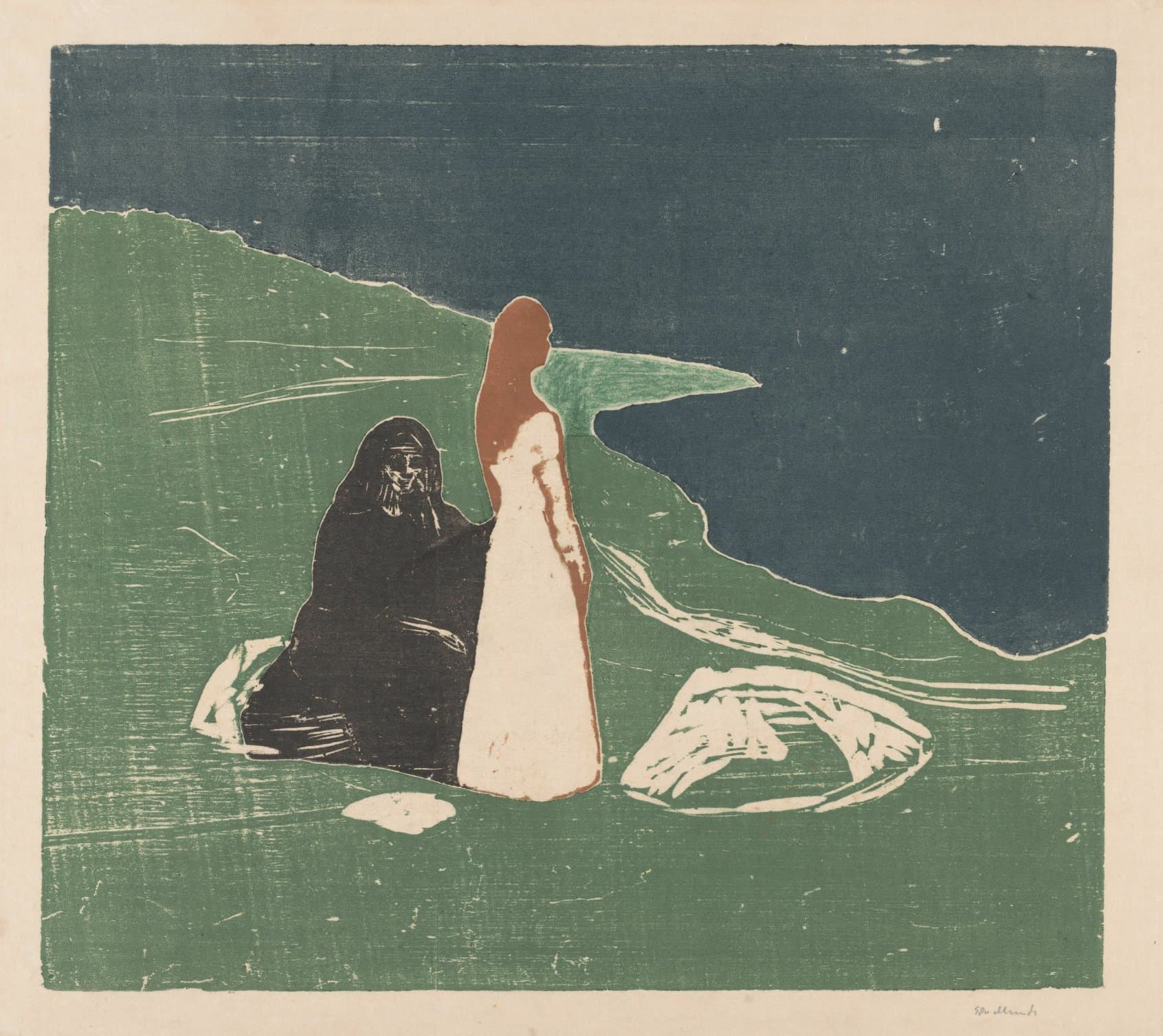 A green woodcut of two women at the shore, one robed in white, the deep sea behind them.