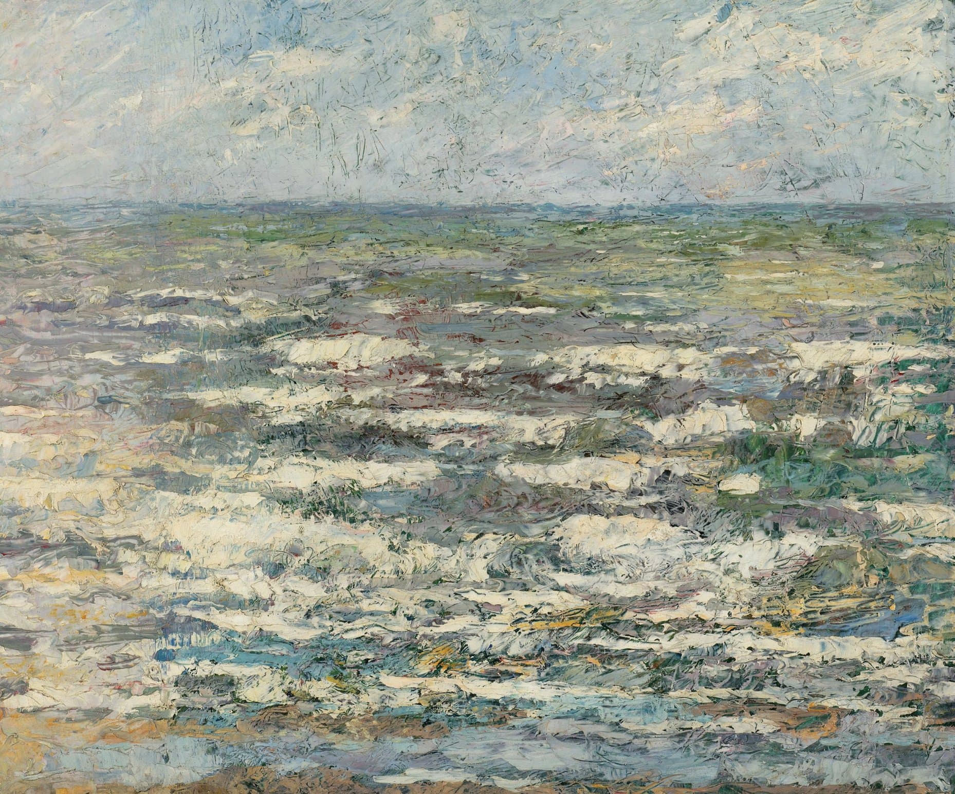 An impressionist seascape — broken white surf over grey-green water beneath a pale, worked sky.
