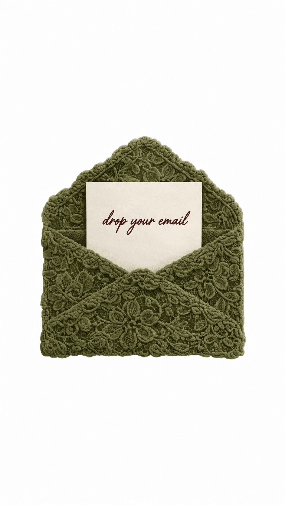 An olive lace envelope, its flap open, a cream card resting in the mouth.